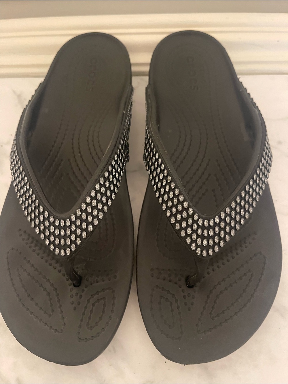CROCS Black Rhinestone-Embellished Flip Flop Sandals for Women